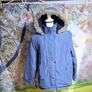Womans Blue Fur-Trimmed Hooded Jacket